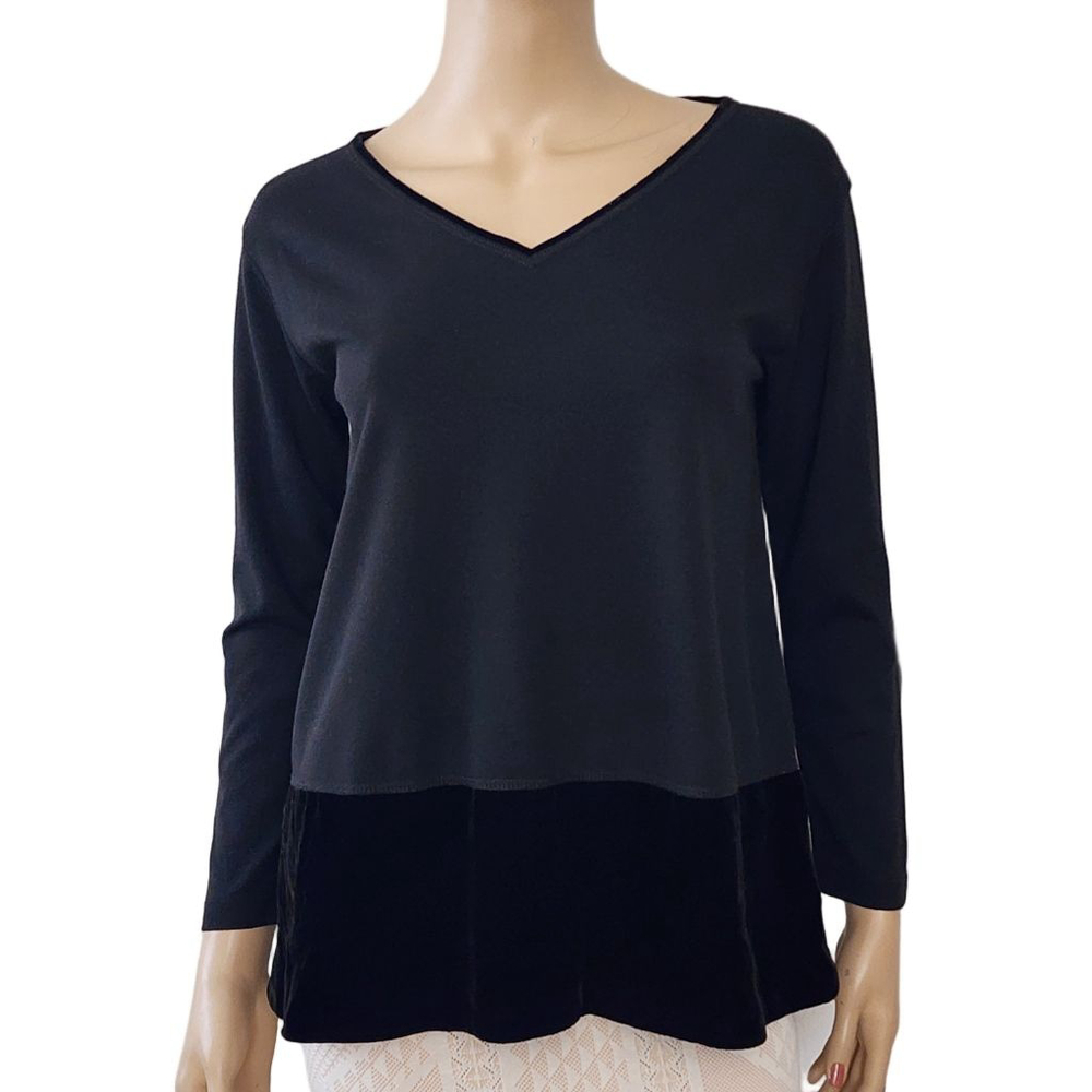 LAFAYETTE 148 Black Long Sleeve Velvet Bottom V-Neck Tee Petite S